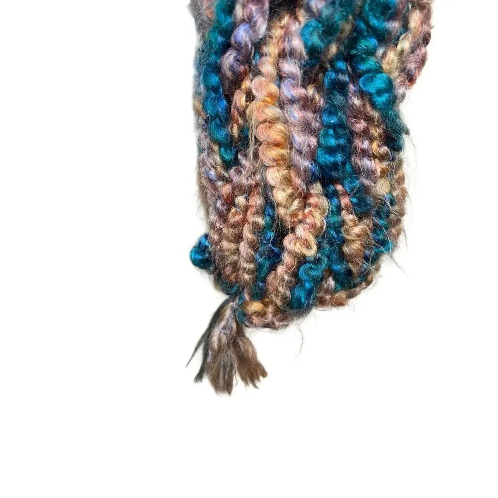 Chunky Multicolor Hand Knit Yarn Scarf Blue Tan Brown Loop Textured Winter